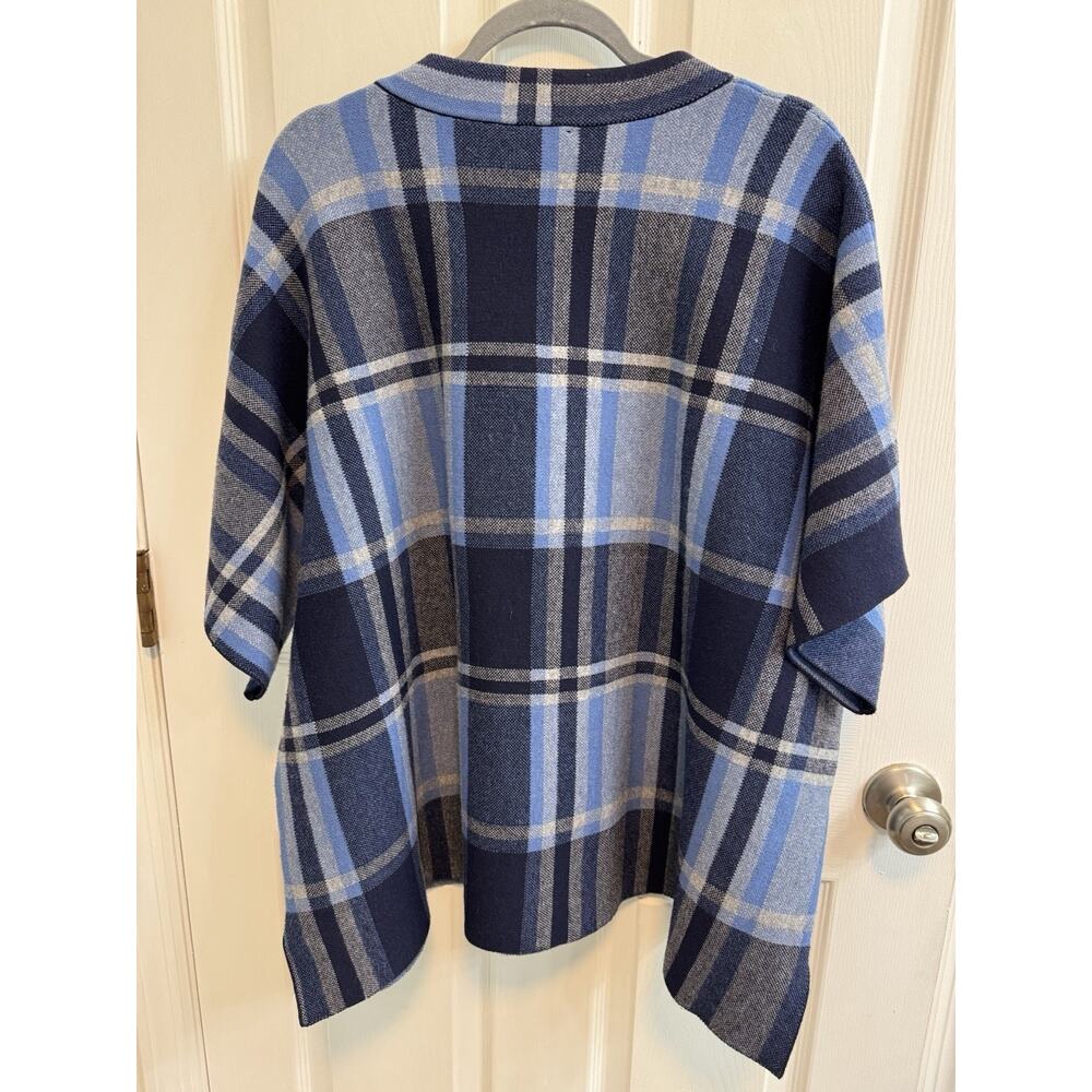 Joan Rivers M/L Plaid Mock Neck Sweater Poncho in Blue Gray Plaid Preowned - Picture 3 of 11